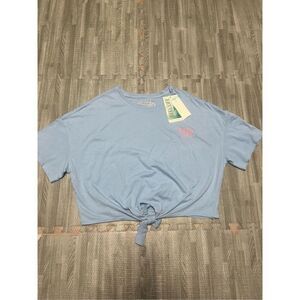 Reel Life Women's Ocean Washed Rainbow Bus Tie Front T-Shirt - Heritage Blue L